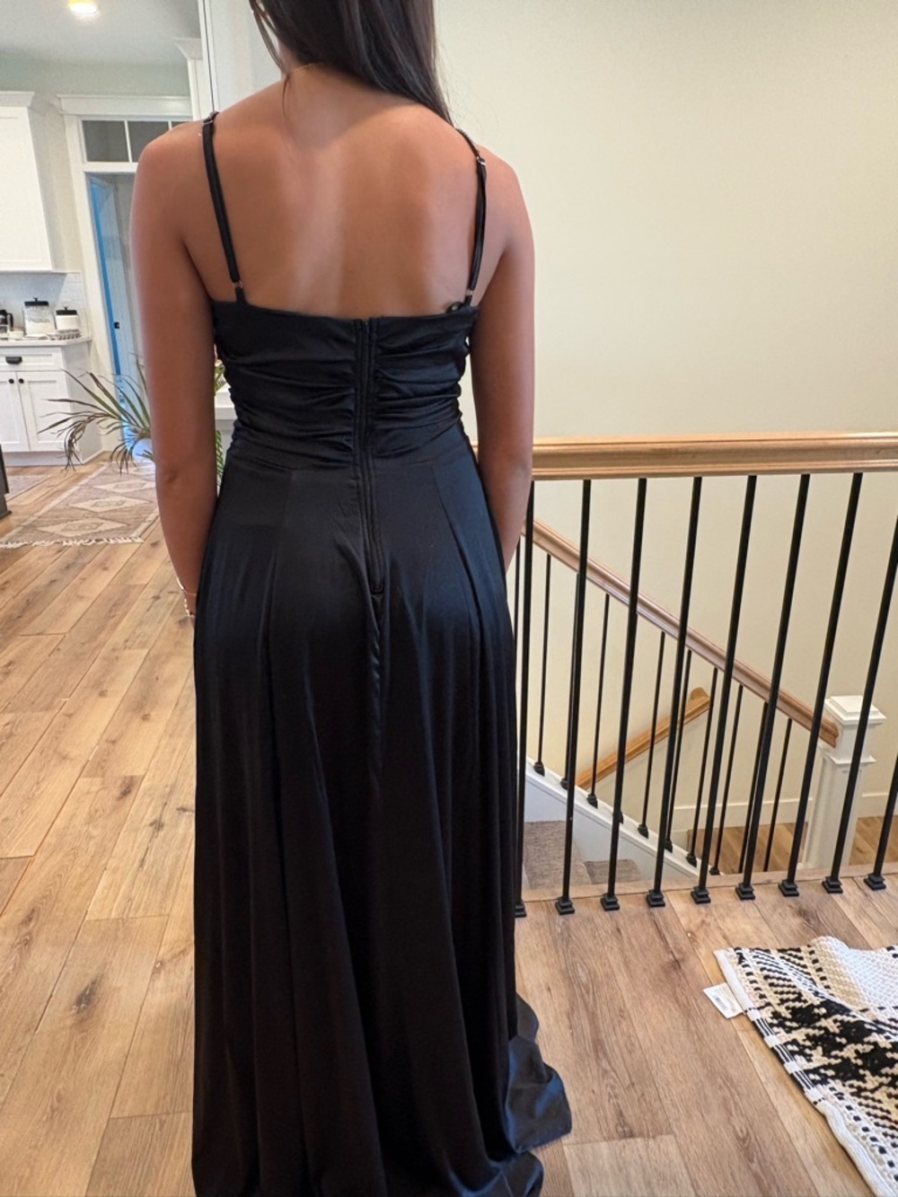 Black Satin Asymmetric Strap Evening or prom Dress with Front Slit - Picture 5 of 5